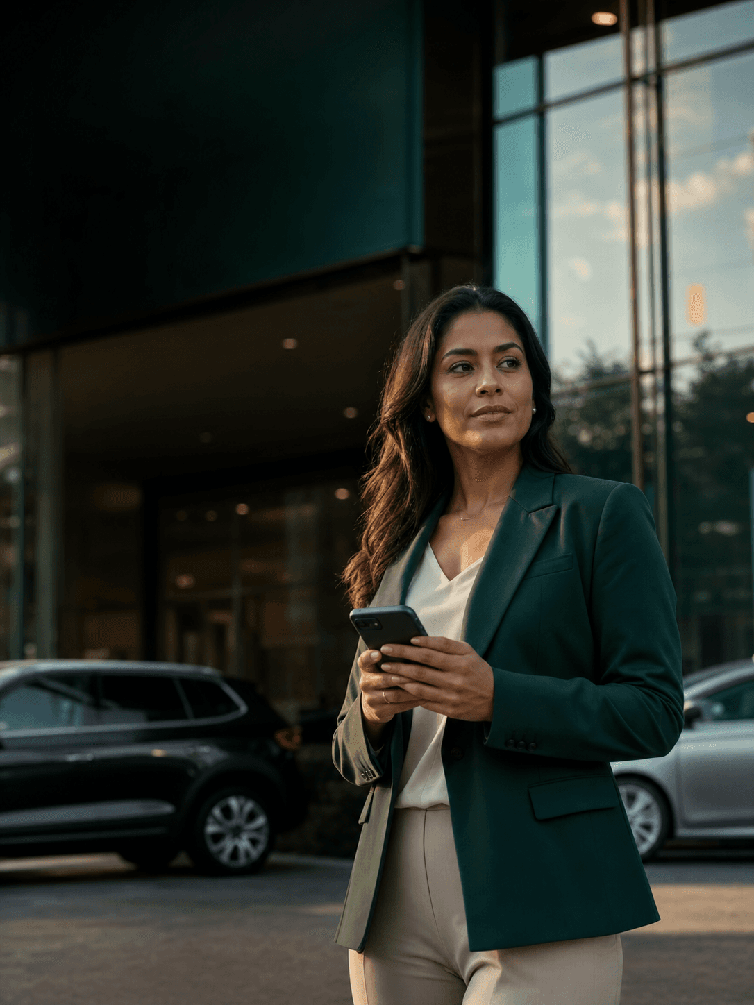 Licenciada Kavo consultando clientes pelo celular em frente a uma revenda.