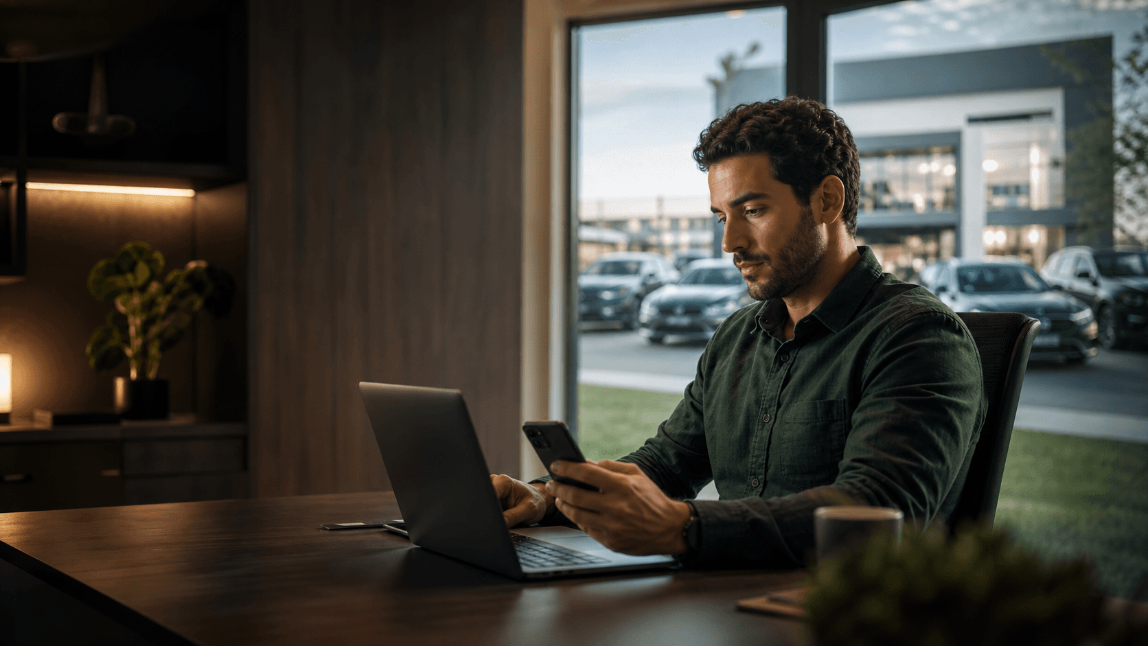 Licenciado Kavo trabalhando no escritório virtual com laptop e celular.